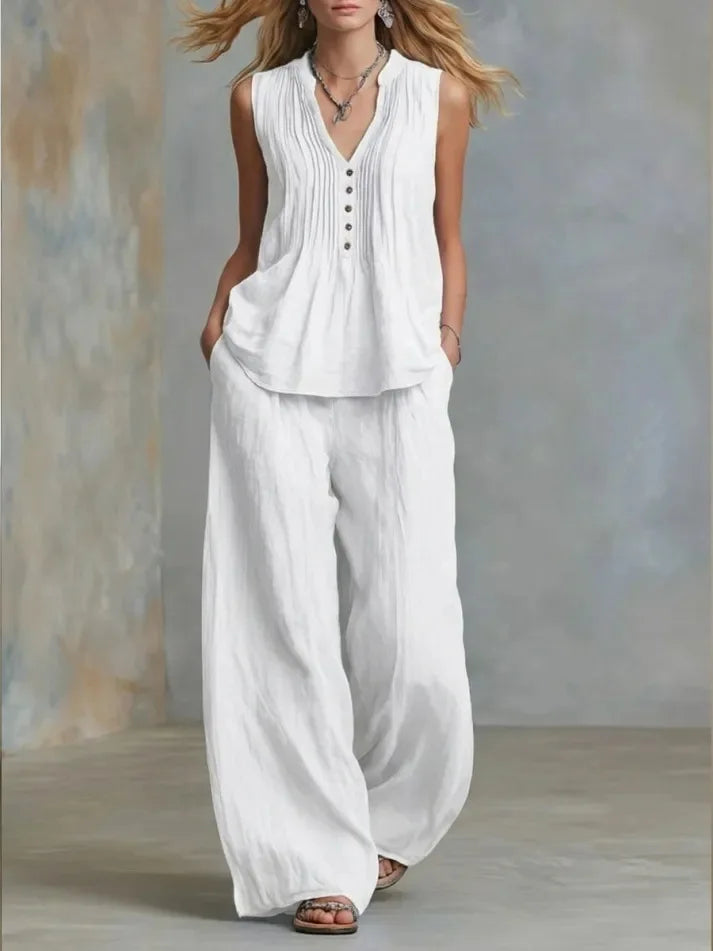 Conjunto Office Chic | Top Sin Mangas Escote V + Pantalón Wide Leg Talle Alto