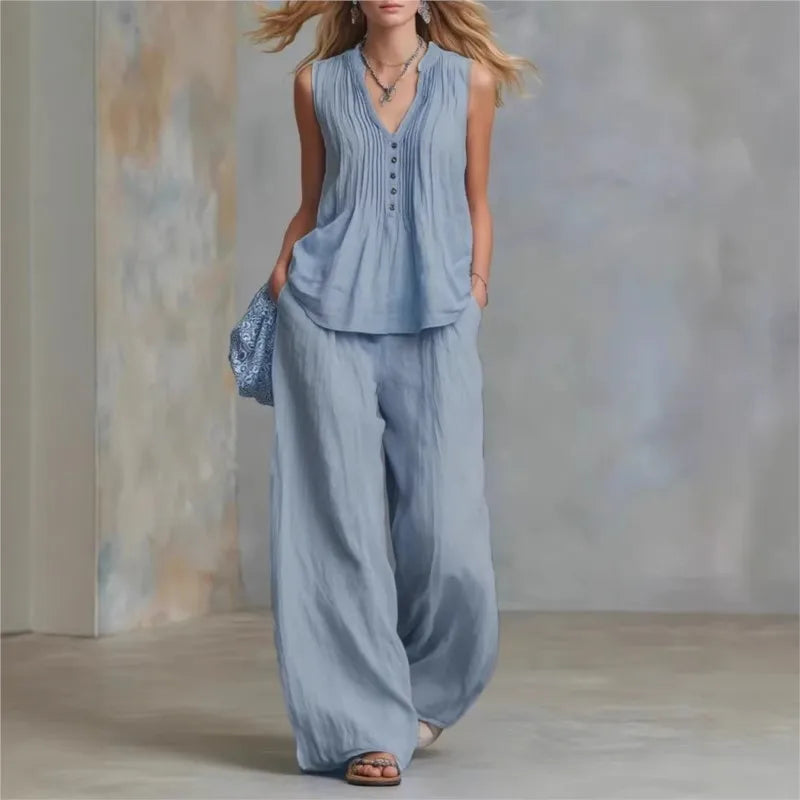 Conjunto Office Chic | Top Sin Mangas Escote V + Pantalón Wide Leg Talle Alto