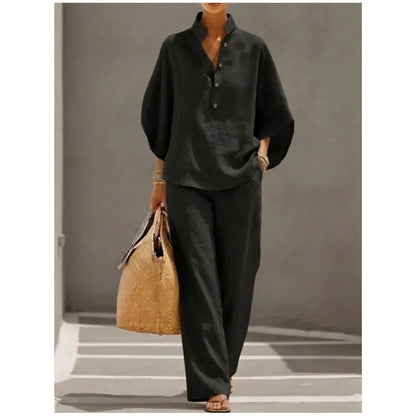 Conjunto Elegante Office | Top Cuello Mao Botones + Pantalón Wide Leg Talle Alto
