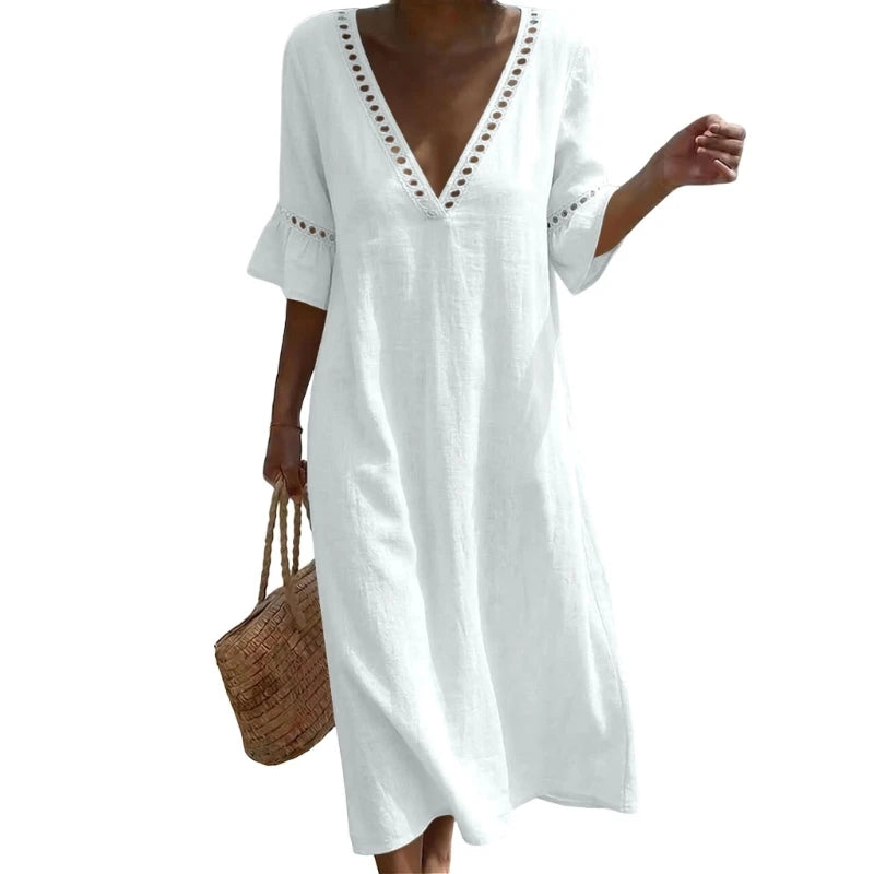Vestido Maxi Lino Mujer | Cuello V Manga Corta Corte Holgado