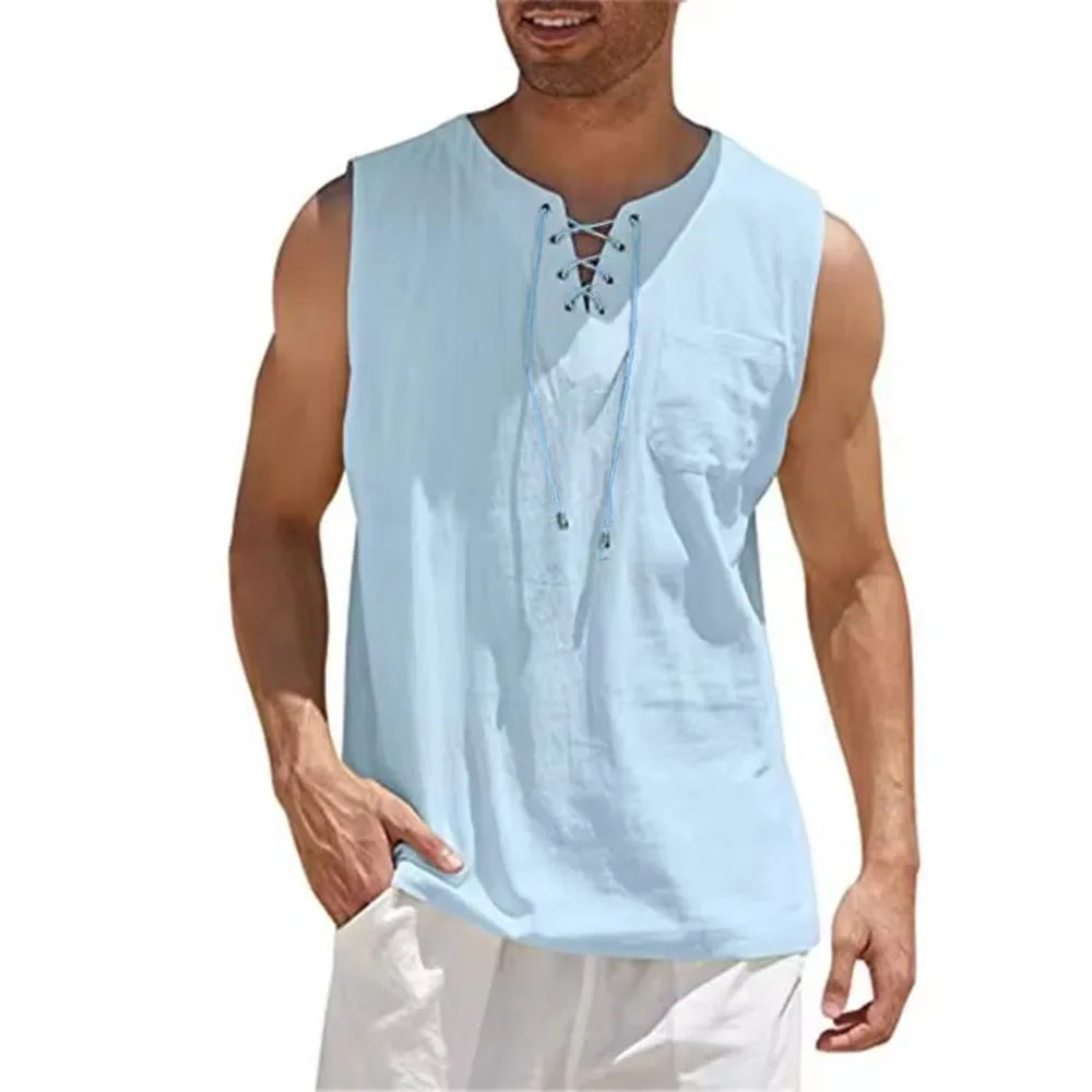 Camiseta Sin Mangas Hombre | Algodón Lino · Escote V · Estilo Retro Casual