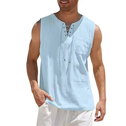 Camiseta Sin Mangas Hombre | Algodón Lino · Escote V · Estilo Retro Casual