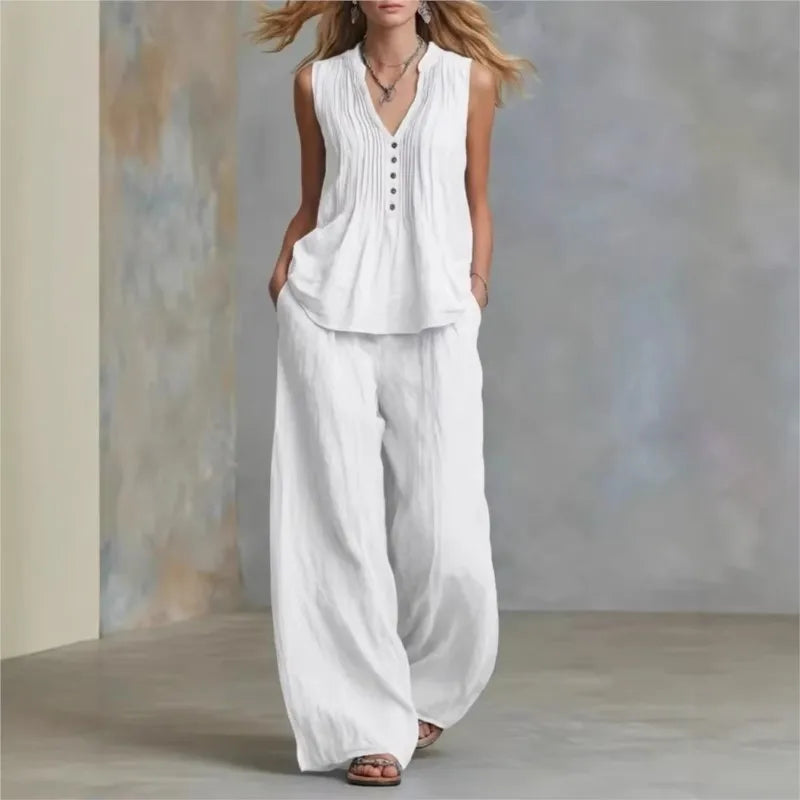 Conjunto Office Chic | Top Sin Mangas Escote V + Pantalón Wide Leg Talle Alto