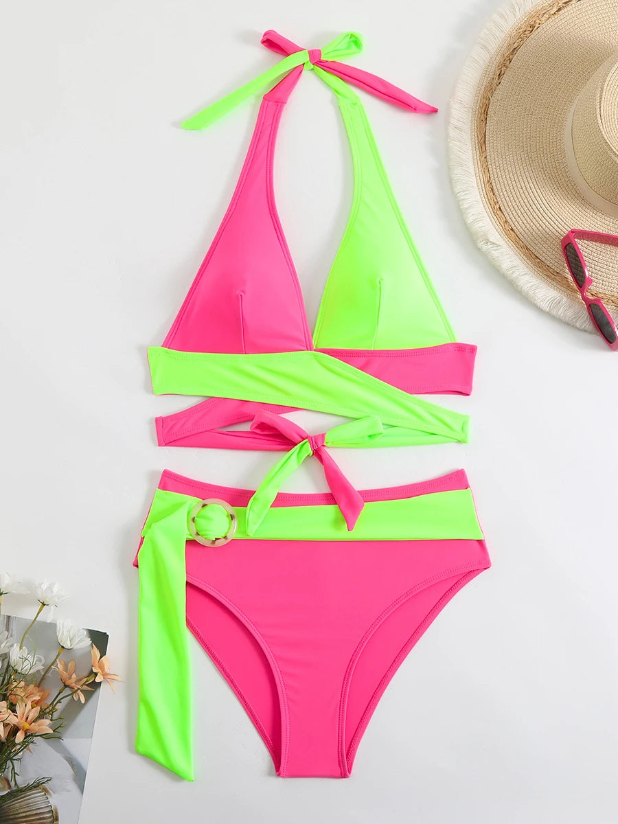 Bikini Cruzado de Cintura Alta con Halter
