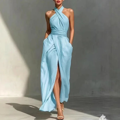 Women's Sexy Off-Shoulder High Waist Long Dress Spring Criss-Cross Halter Hollow Boho Dress Summer Sleeveless Vacation Beach Dress