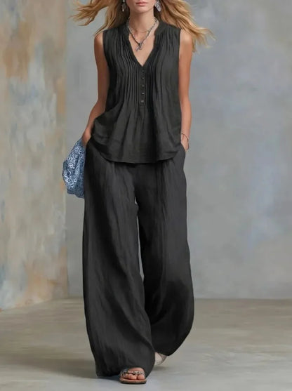 Conjunto Office Chic | Top Sin Mangas Escote V + Pantalón Wide Leg Talle Alto