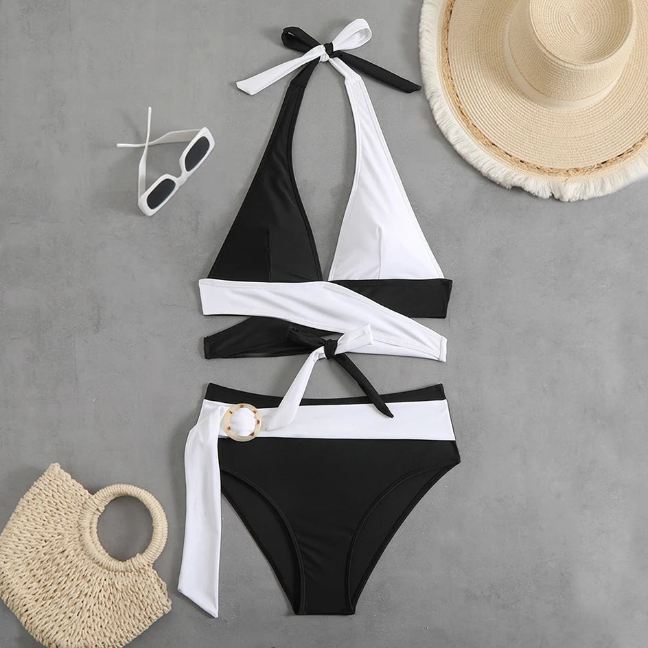 Bikini Cruzado de Cintura Alta con Halter