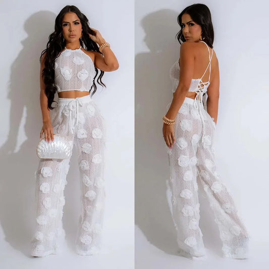 Conjunto 2 Piezas Crop Top Floral y Pantalón Wide-Leg