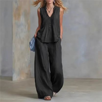 Conjunto Office Chic | Top Sin Mangas Escote V + Pantalón Wide Leg Talle Alto