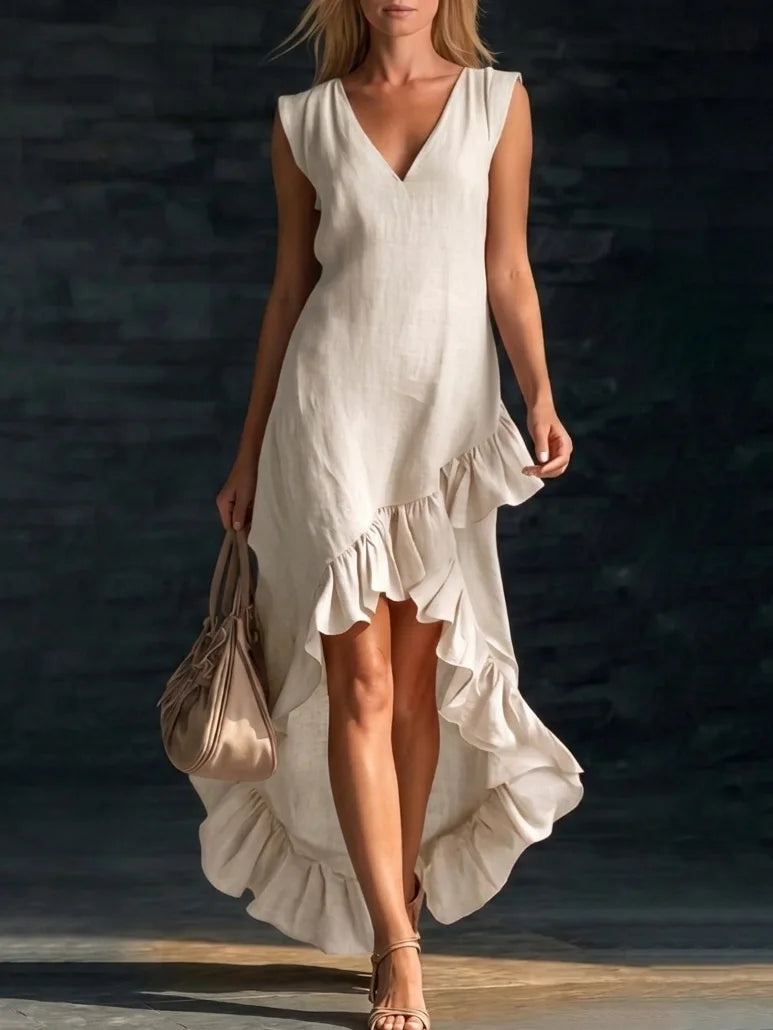 Vestido Largo Asimétrico Chic | Escote V · Volantes · Sin Mangas