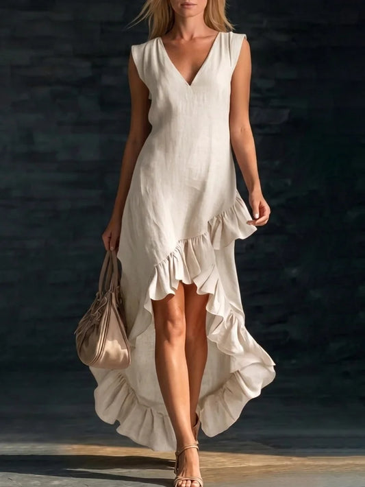Vestido Largo Asimétrico Chic | Escote V · Volantes · Sin Mangas