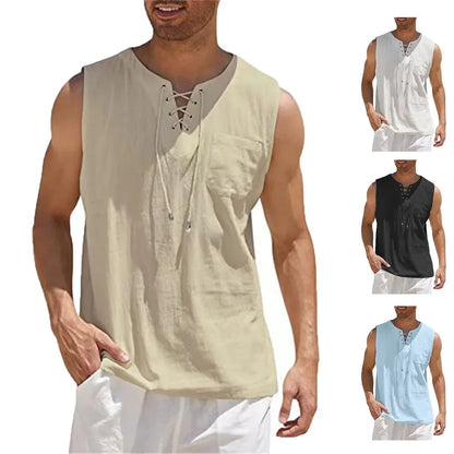 Camiseta Sin Mangas Hombre | Algodón Lino · Escote V · Estilo Retro Casual