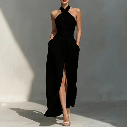 Women's Sexy Off-Shoulder High Waist Long Dress Spring Criss-Cross Halter Hollow Boho Dress Summer Sleeveless Vacation Beach Dress