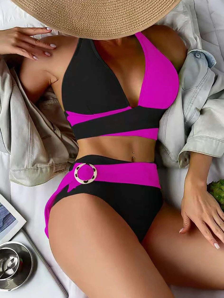 Bikini Cruzado de Cintura Alta con Halter