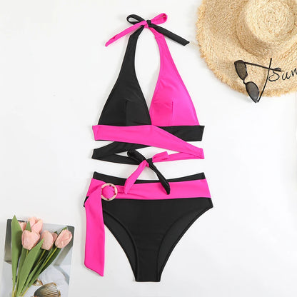 Bikini Cruzado de Cintura Alta con Halter