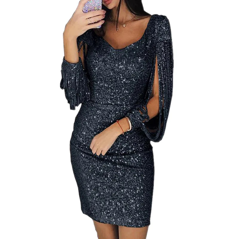 Vestido corto de fiesta con lentejuelas de BB Bellezachic, con detalles brillantes y diseño elegante para ocasiones especiales.