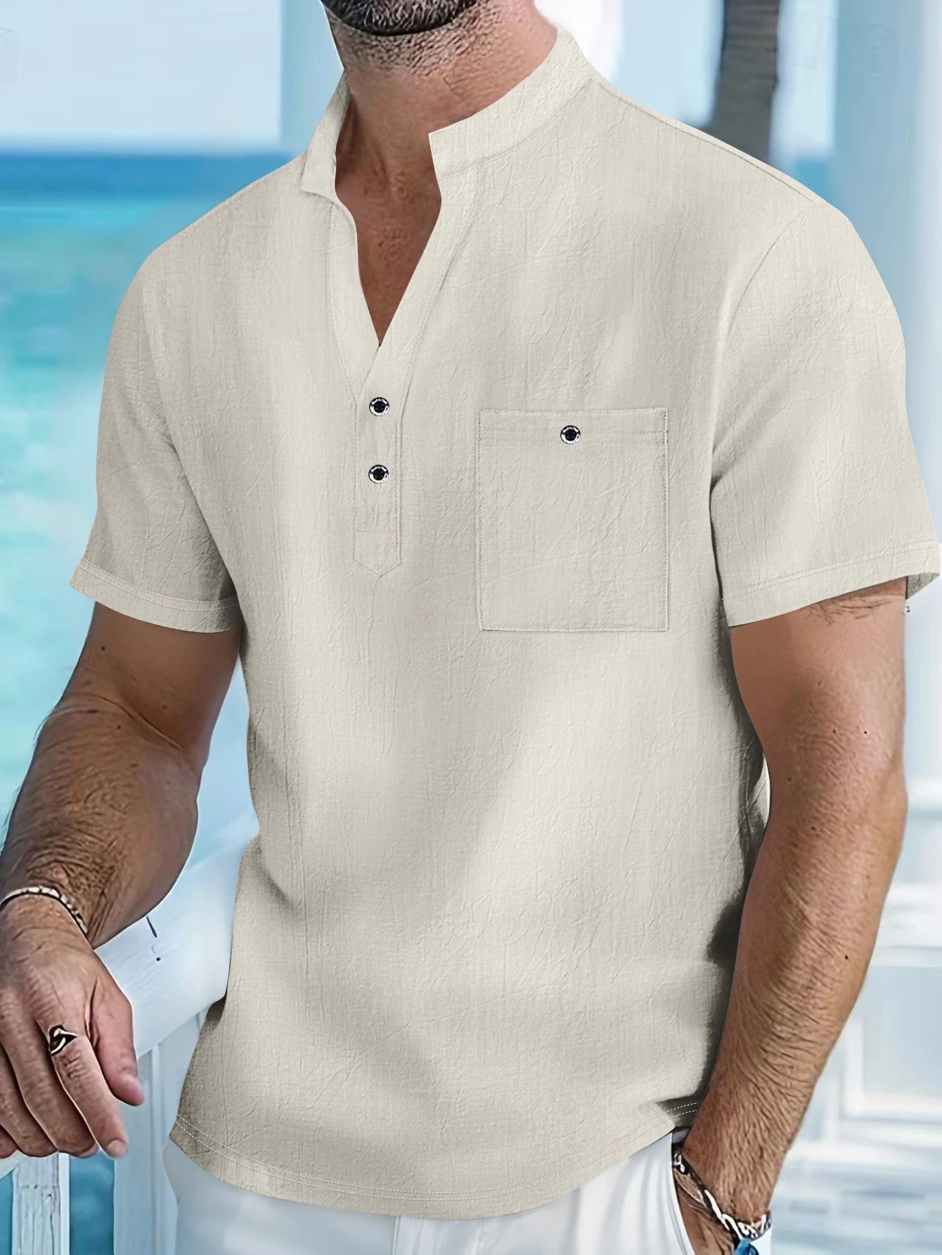 Camisa Hombre Manga Corta | Algodón Lino · Cuello Mao · Casual Outdoor