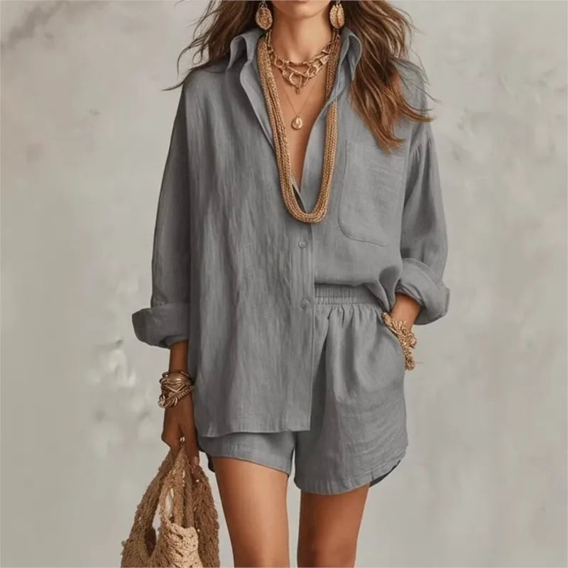 Conjunto Dos Piezas Casual Chic | Camisa Suelta + Shorts Cintura Elástica