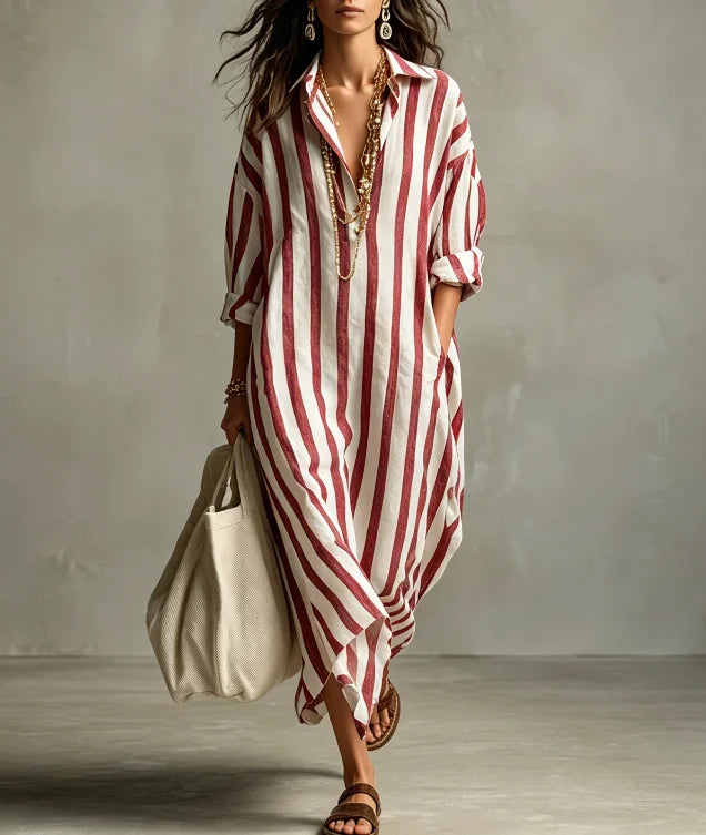 Vestido Camisero Largo Rayas | Escote V · Oversize