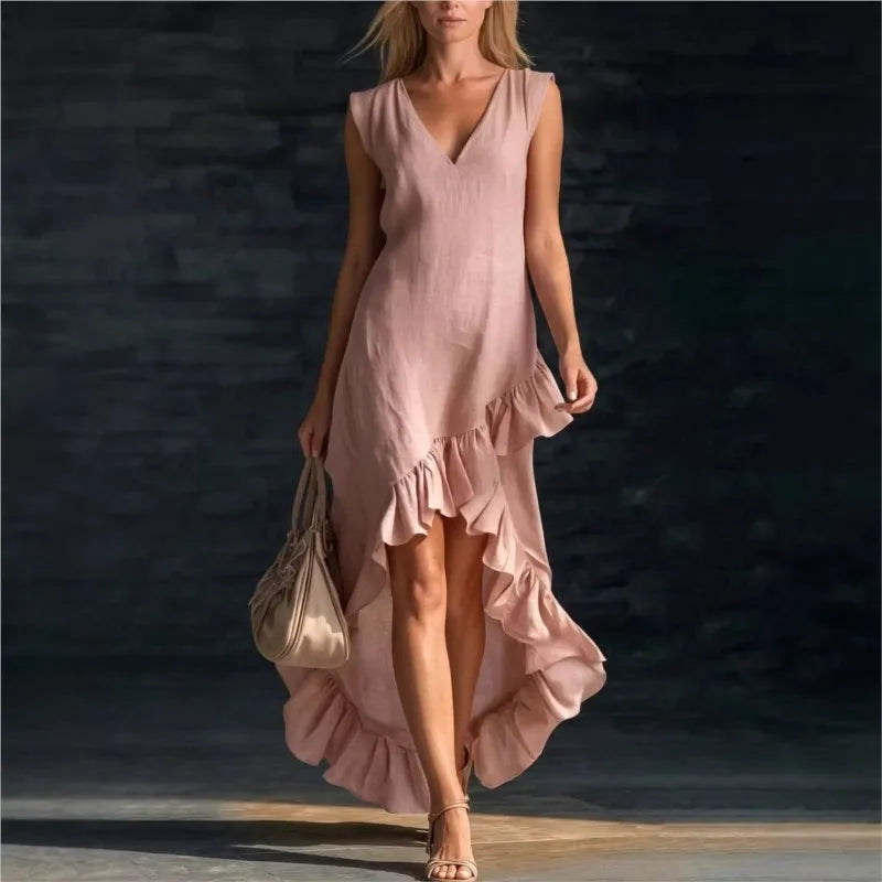 Vestido Largo Asimétrico Chic | Escote V · Volantes · Sin Mangas