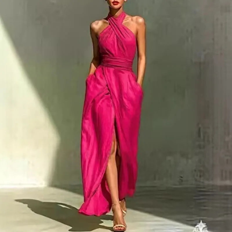 Women's Sexy Off-Shoulder High Waist Long Dress Spring Criss-Cross Halter Hollow Boho Dress Summer Sleeveless Vacation Beach Dress