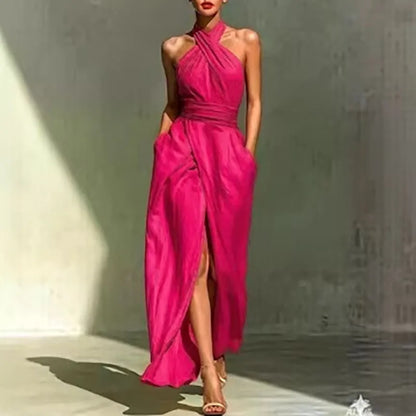 Women's Sexy Off-Shoulder High Waist Long Dress Spring Criss-Cross Halter Hollow Boho Dress Summer Sleeveless Vacation Beach Dress