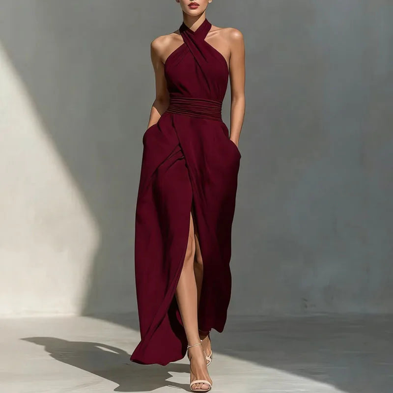 Women's Sexy Off-Shoulder High Waist Long Dress Spring Criss-Cross Halter Hollow Boho Dress Summer Sleeveless Vacation Beach Dress