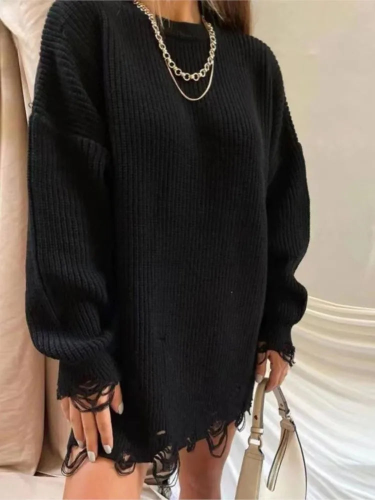 Vestido largo de punto con efecto desgastado de BB Bellezachic, diseño de vestido con estilo casual y moderno.