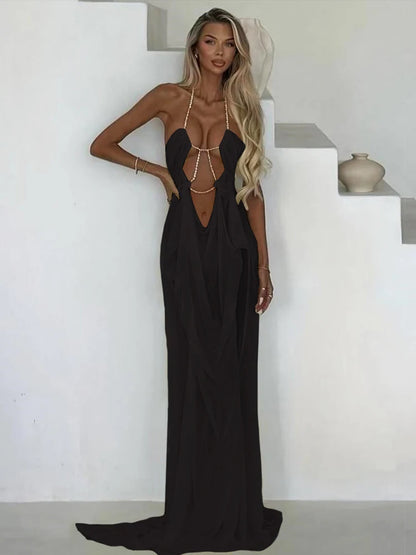 Vestido Stella Glow – Largo Halter con Transparencias y Lujo