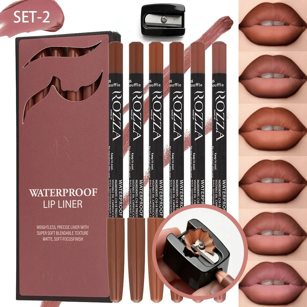 Set de 7 perfiladores de labios BB Bellezachic con sacapuntas, en una variedad de tonos y colores, en una presentación ordenada.