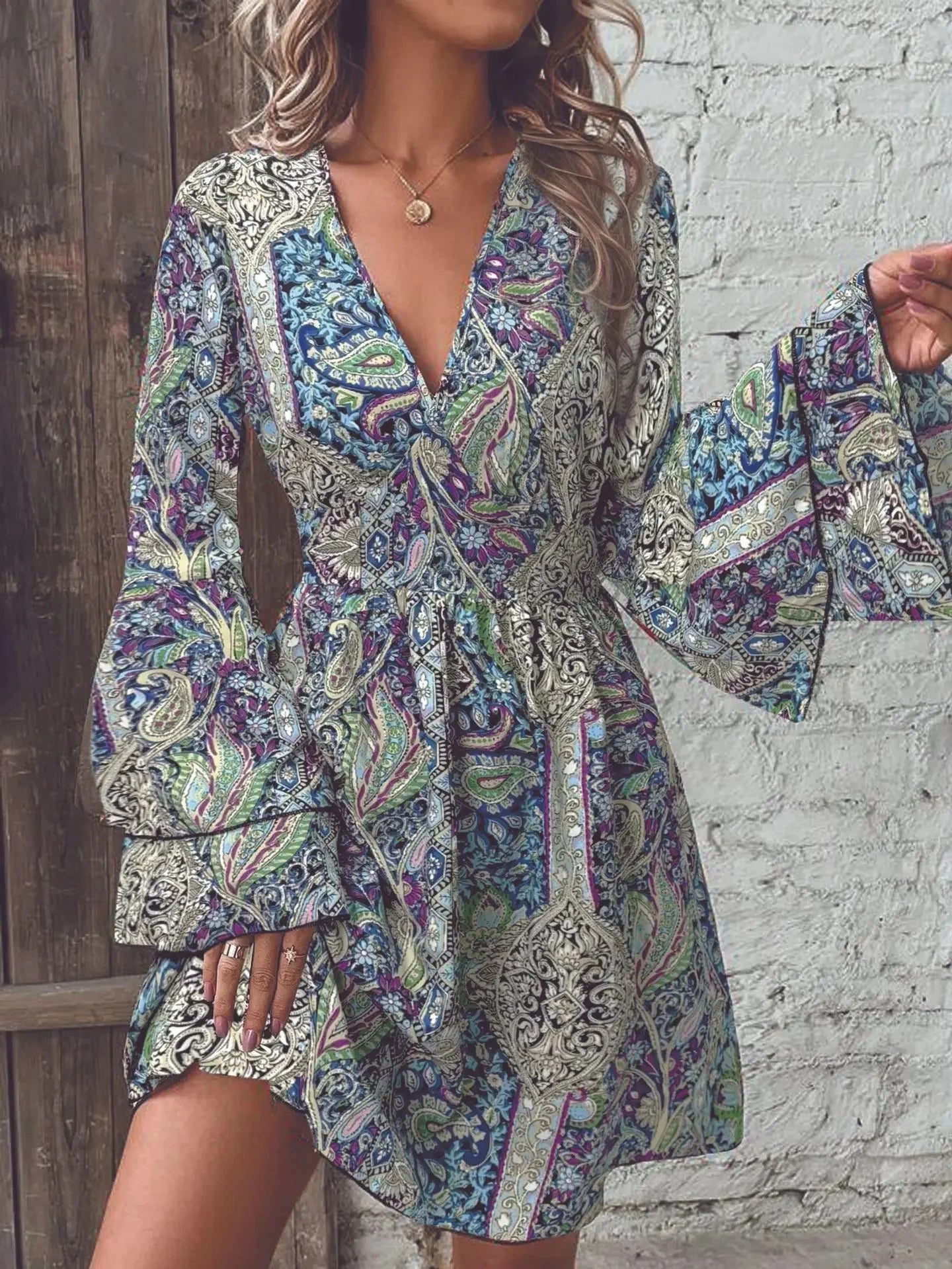Vestido Estampado Manga Acampanada