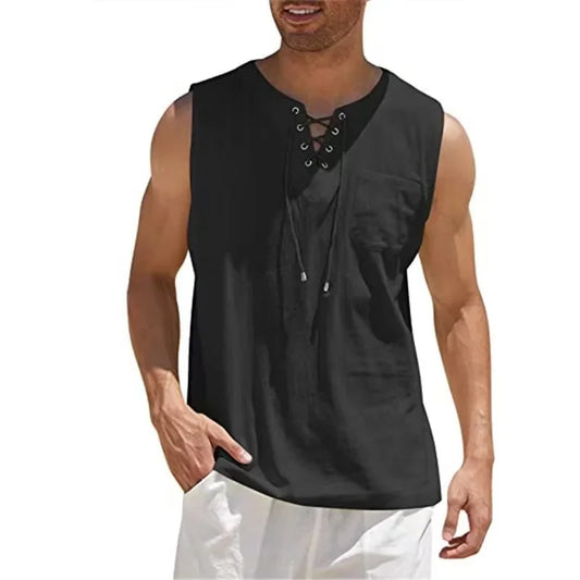 Camiseta Sin Mangas Hombre | Algodón Lino · Escote V · Estilo Retro Casual