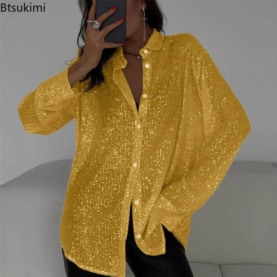 Camisa de lentejuelas de manga larga de BB Bellezachic, blusa brillante y elegante con detalles de lentejuelas.