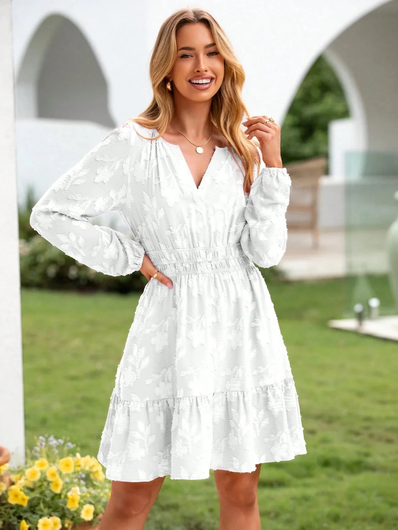 Böhmisches elegantes Jacquard-Minikleid Damen Sommer Mode V-Ausschnitt Langarm Design Kleider Damen Hohe Taille A-Linie Vestidos