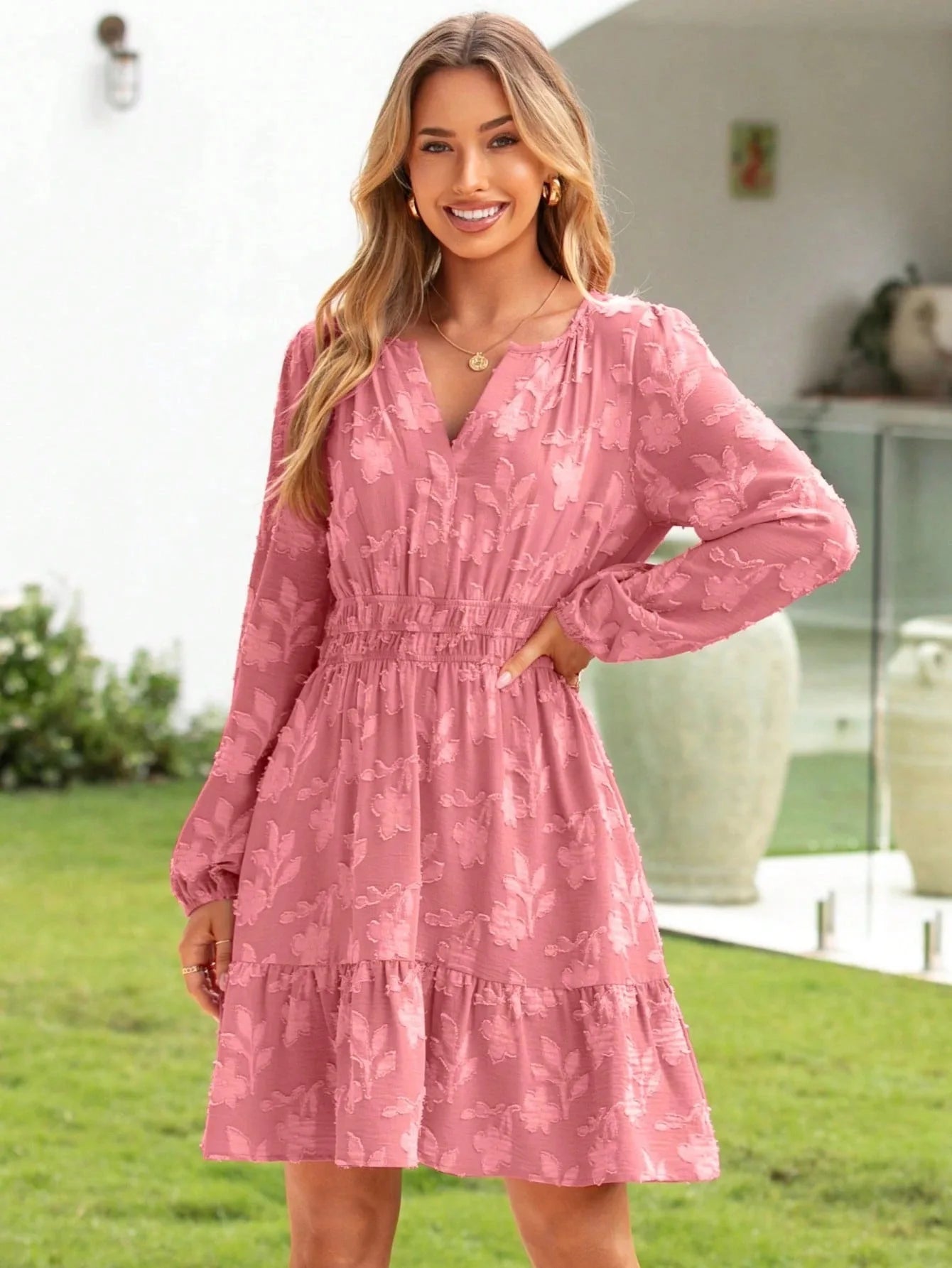 Böhmisches elegantes Jacquard-Minikleid Damen Sommer Mode V-Ausschnitt Langarm Design Kleider Damen Hohe Taille A-Linie Vestidos