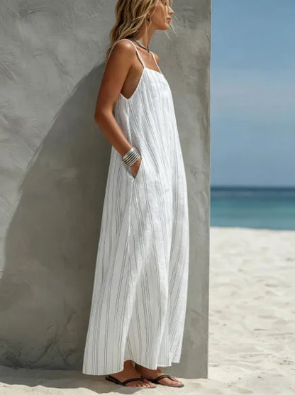 Vestido Maxi Tirantes Rayas | Camisola con Bolsillos Estilo Boho