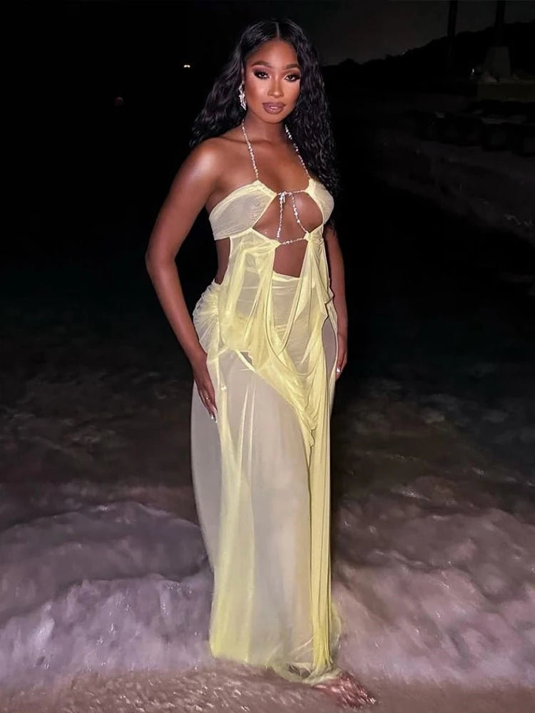 Vestido Stella Glow – Largo Halter con Transparencias y Lujo