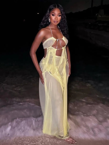 Vestido Stella Glow – Largo Halter con Transparencias y Lujo