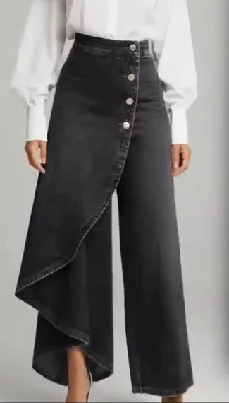 Pantalón de pierna ancha de efecto denim de BB Bellezachic, con corte amplio y estilo casual en color azul.