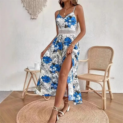 Bohemian Mode Bedrucktes A-Linien-Kleid Damen Sommer Sexy V-Ausschnitt Trägerkleid Damen Schlitz Saum Lässige Strandurlaubskleider