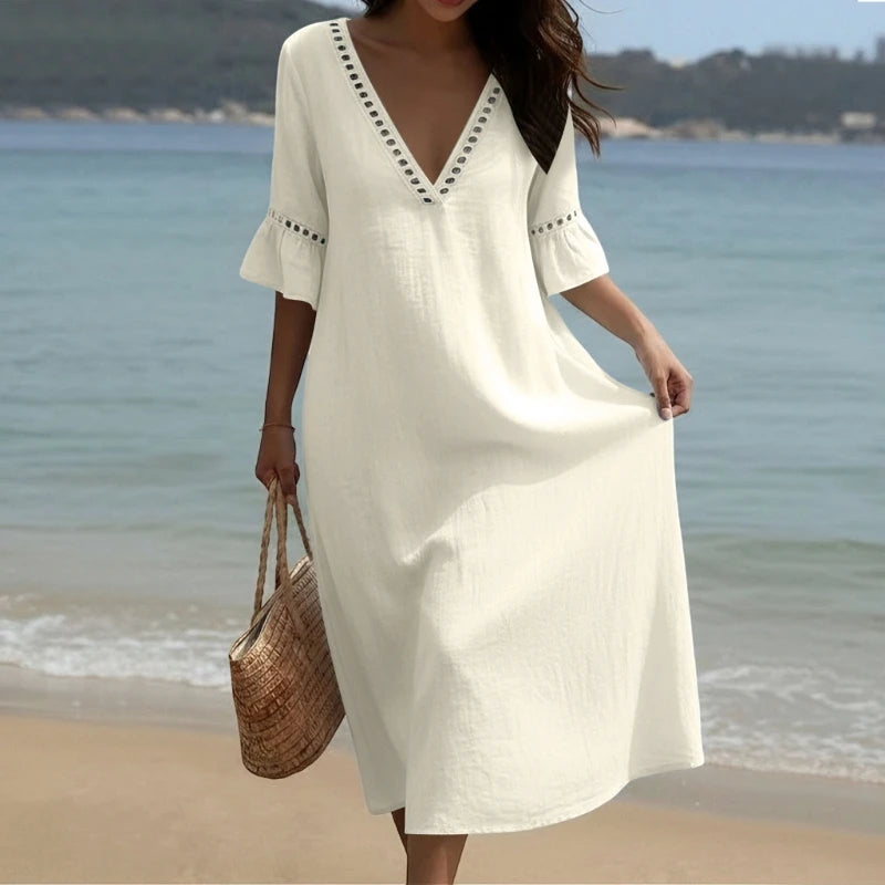 Vestido Maxi Lino Mujer | Cuello V Manga Corta Corte Holgado