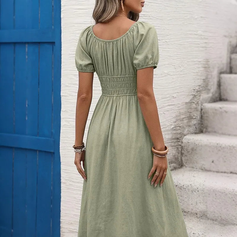Vestido Elegante Manga Abullonada™ – Cuello Cuadrado y Cintura Alta