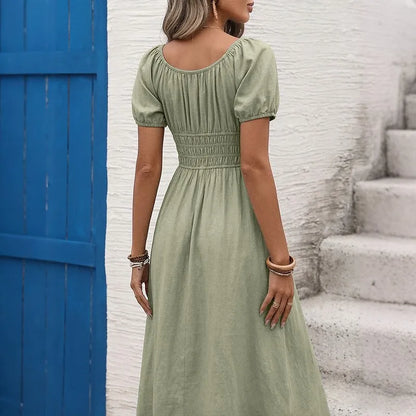 Vestido Elegante Manga Abullonada™ – Cuello Cuadrado y Cintura Alta