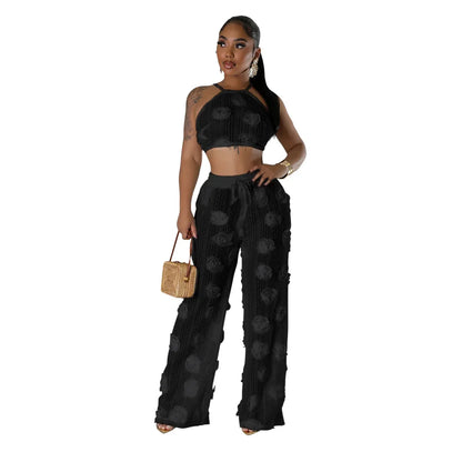 Conjunto 2 Piezas Crop Top Floral y Pantalón Wide-Leg
