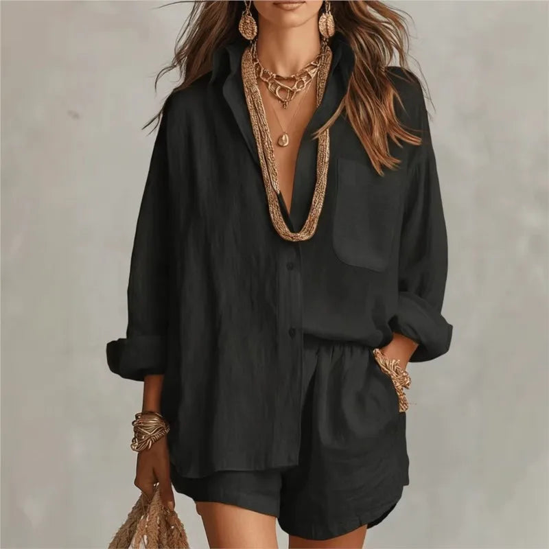 Conjunto Dos Piezas Casual Chic | Camisa Suelta + Shorts Cintura Elástica