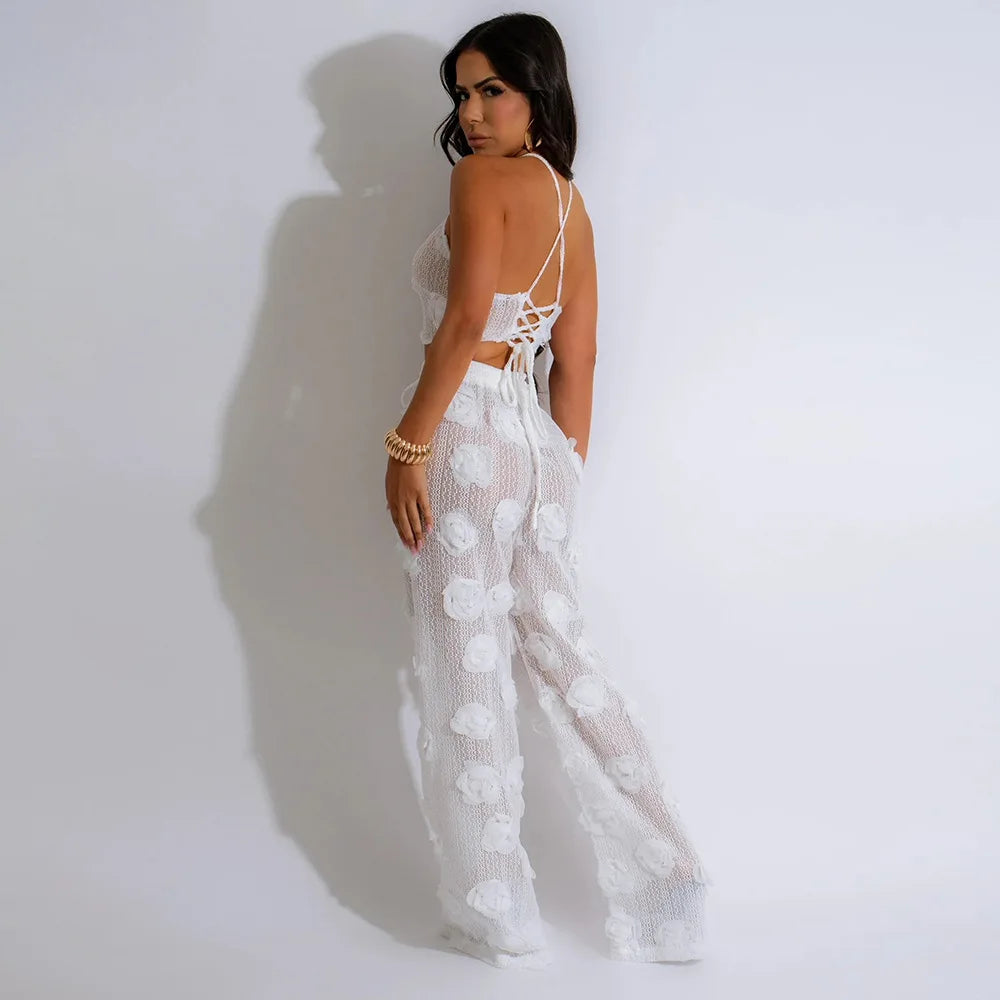 Conjunto 2 Piezas Crop Top Floral y Pantalón Wide-Leg