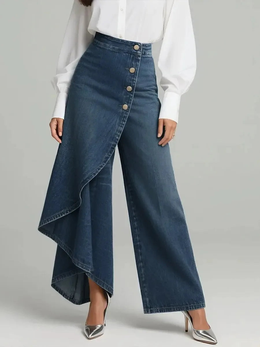 Pantalón de pierna ancha con efecto denim de la marca BB Bellezachic, mostrando el estilo y textura del tejido en la imagen.