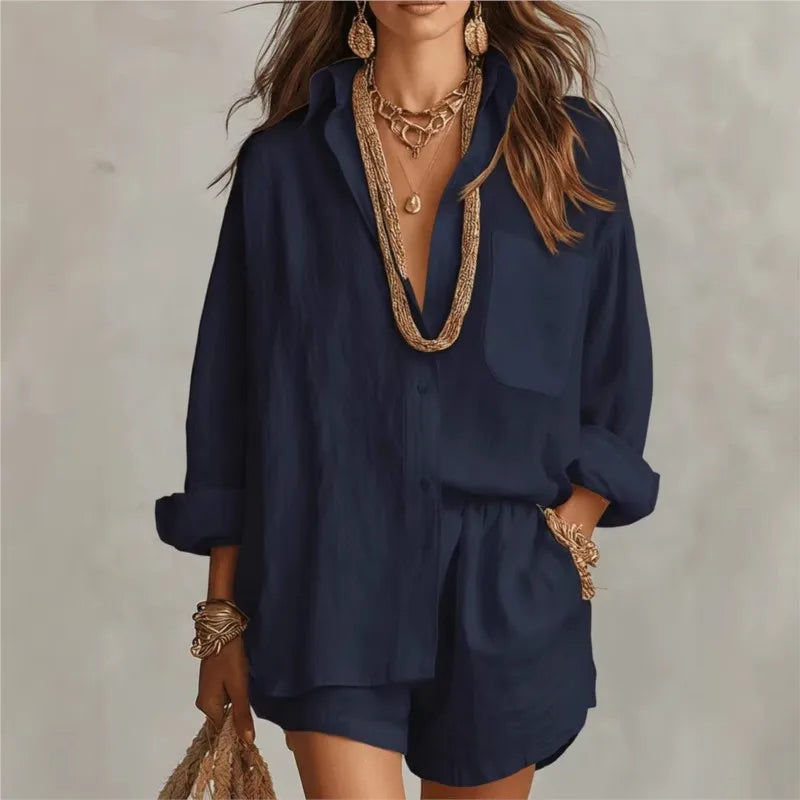Conjunto Dos Piezas Casual Chic | Camisa Suelta + Shorts Cintura Elástica