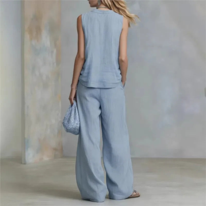 Conjunto Office Chic | Top Sin Mangas Escote V + Pantalón Wide Leg Talle Alto