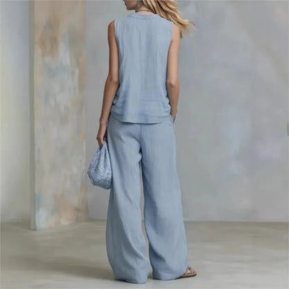 Conjunto Office Chic | Top Sin Mangas Escote V + Pantalón Wide Leg Talle Alto